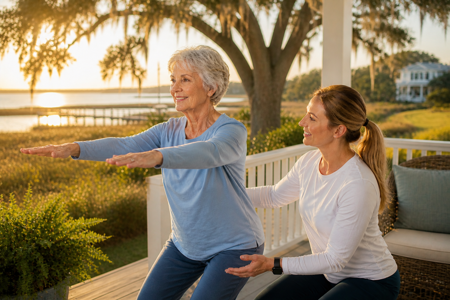 Erin and a client moving through an arm-extension on a porch overlooking the lowcountry marsh at golden hour