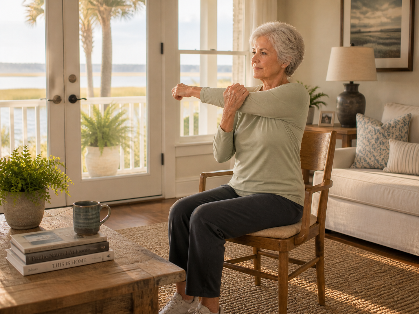 A client mid-stretch in a sunlit living room overlooking the marsh